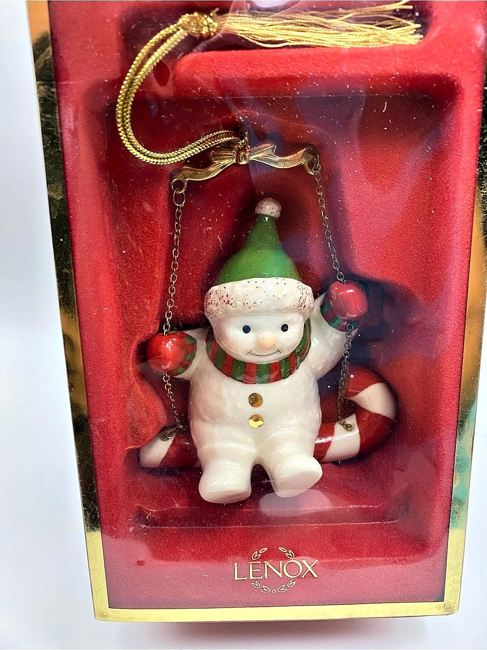 Vintage Retired Lenox Swinging Snowman on Candy Cane Ornament